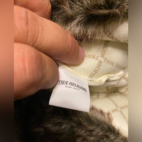 True Religion Trapper Hat Blue Denim Faux Fur Horseshoe Pockets Chin Strap NWT - Picture 8 of 15